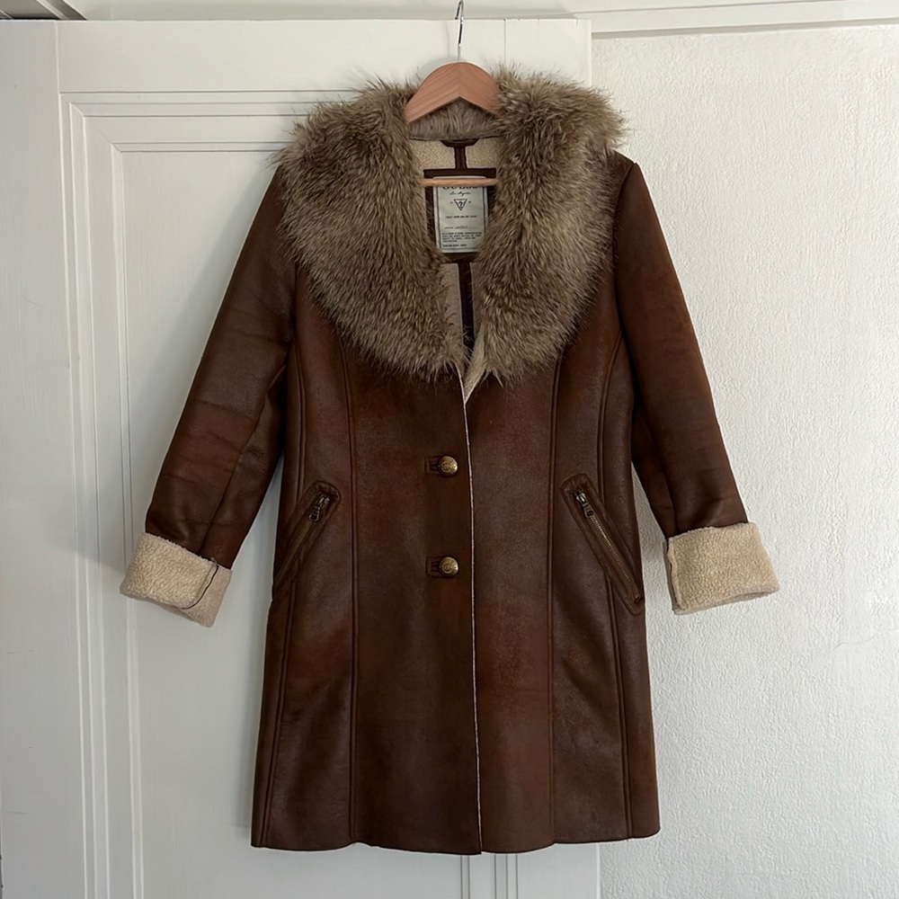 Guess Brown Faux Leather/Fur/shearling Coat Jacket Women's medium Penny Lane